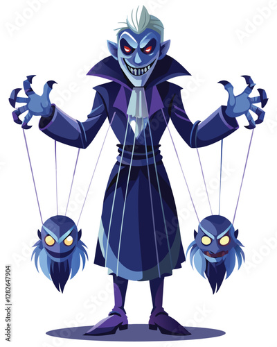 A shadowy puppeteer with elongated, sinister hands manipulates unseen marionettes, their strings casting long, ominous shadows.  The scene is dark and mysterious.