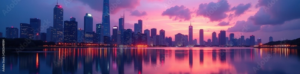 Fototapeta premium Twilight cityscape, skyscrapers mirrored in still water , dramatic, skyscrapers, purple