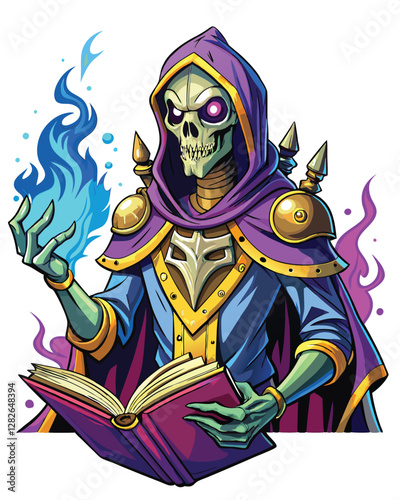 A detailed illustration of a skeletal alien sorcerer, cloaked and wielding a staff, summoning ethereal ghostly spirals of energy.  Focus on intricate skeletal detail and swirling spectral effects.