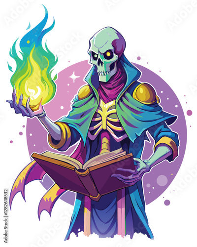 A detailed illustration of a skeletal alien sorcerer, cloaked and wielding a staff, summoning ethereal ghostly spirals of energy.