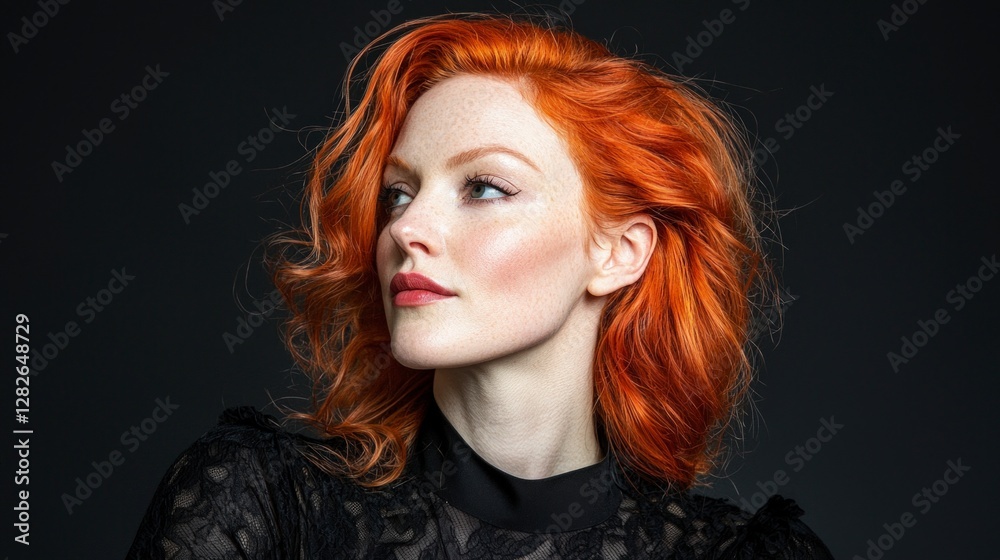 Fototapeta premium Mysterious Redhead Woman Film Noir Portrait Dramatic Lighting Freckles Beauty