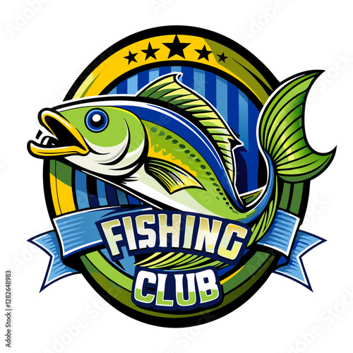Emblem of the Angler: A dynamic illustration of a fish within a circular emblem, adorned with stars and a banner declaring "Fishing Club", symbolizes the essence of a recreational pursuit.