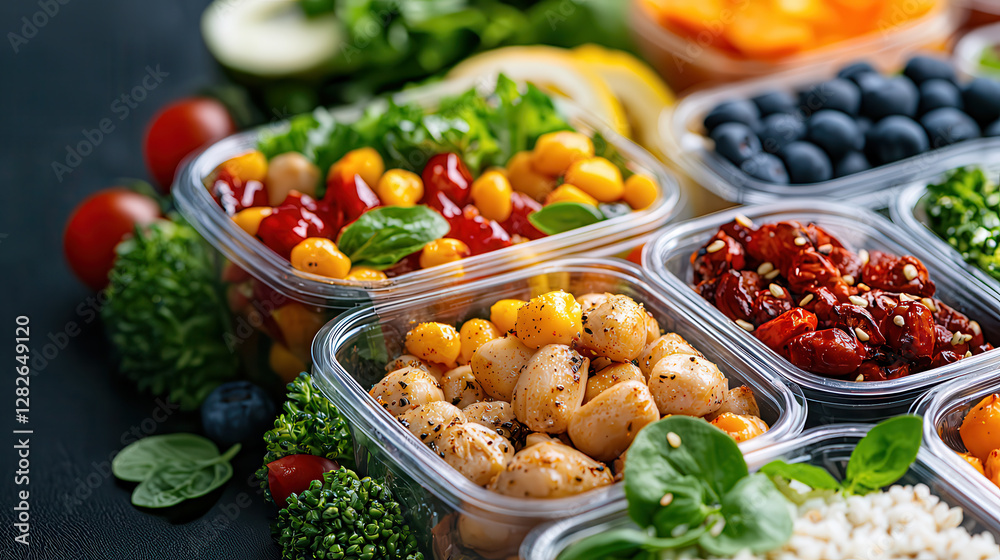 vibrant and colorful meal prep arrangement featuring nutritious foods like vegetables, fruits, and grains in clear containers, showcasing healthy lifestyle vibrant and colorful meal prep arrangement featuring nutritious foods like vegetables, fruits, and grains in clear containers, showcasing healthy lifestyle