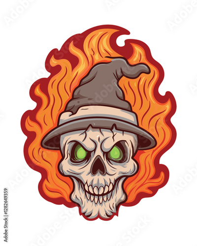 A close-up shot of a burning witch's skull, charred flesh clinging to the bone, showing detail of the fire damage and texture.