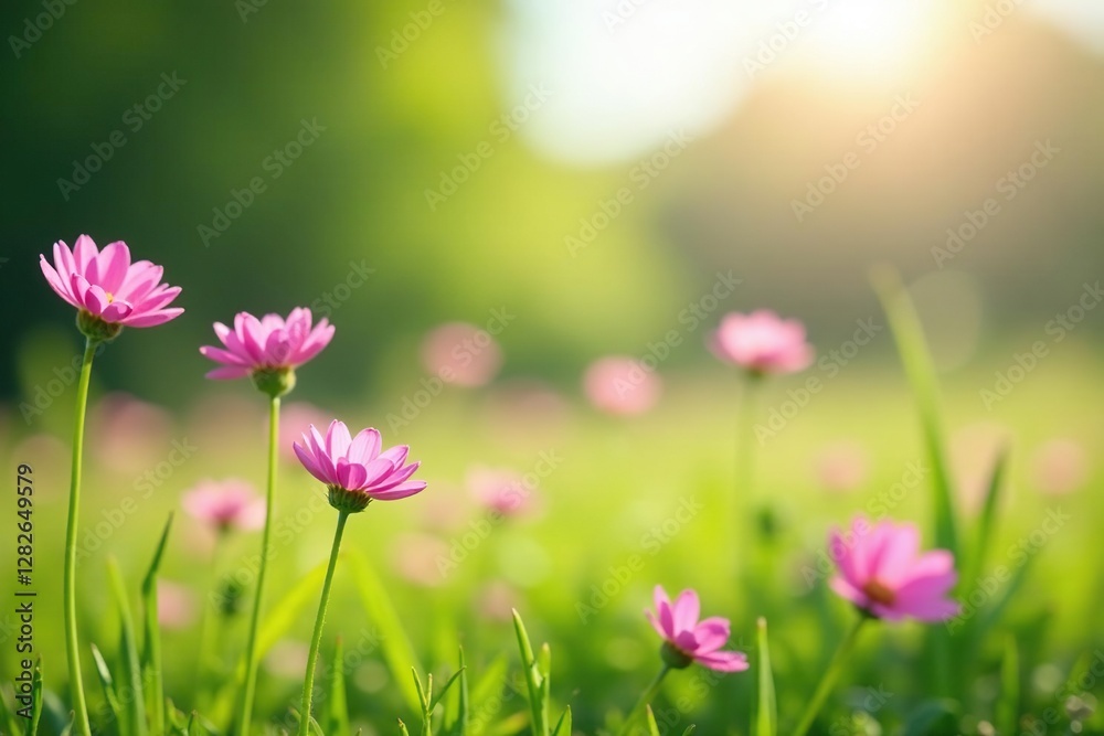 Pastel pink wildflowers swaying in gentle spring breeze, nature, blooming flowers, green grass Pastel pink wildflowers swaying in gentle spring breeze, nature, blooming flowers, green grass