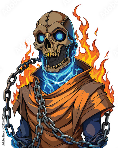 A detailed rendering of a skeletal figure, intricately bound by thick, rusted chains, against a dark background.  Focus on texture and detail of both bones and chains.