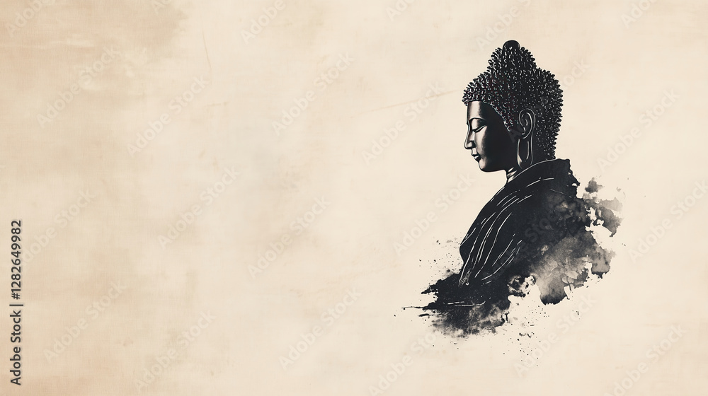 custom made wallpaper toronto digitalA black ink brush painting of Buddha on a textured beige parchment background with copy space