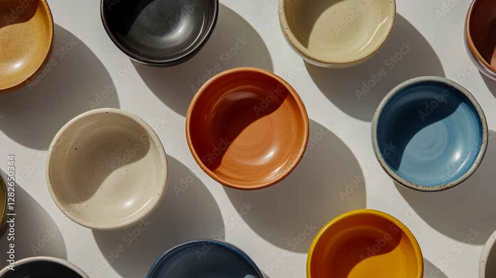 Handcrafted Ceramic Bowls Flat Lay Composition Handcrafted Ceramic Bowls Flat Lay Composition