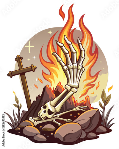 A skeletal hand, decayed and clawed, bursts from cracked earth, clutching something unseen; ominous, dark lighting.