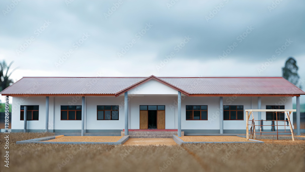 A Peaceful Rural School Surrounded by Open Fields: Children Playing Outside During Recess - Stock Photo Concept with Empty Space on the Left for Customization A Peaceful Rural School Surrounded by Open Fields: Children Playing Outside During Recess - Stock Photo Concept with Empty Space on the Left for Customization