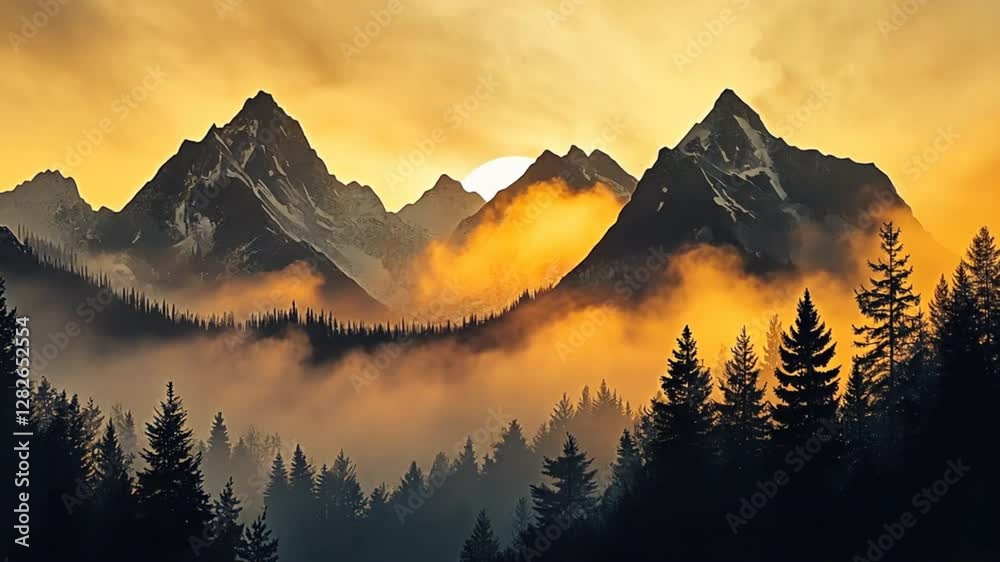 Majestic Mountain Sunset: A breathtaking landscape featuring imposing mountain peaks, bathed in the golden hues of a sunset, with wisps of fog adding an ethereal touch, silhouetted against the trees.
