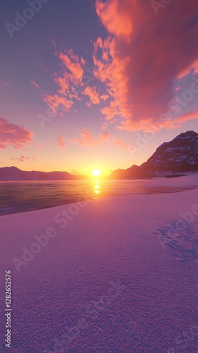 Snowy beach sunset with vibrant sky photo