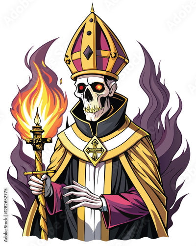 A detailed rendering of a skeletal Pope, adorned with a golden mitre, solemnly holding a Buddhist prayer wheel (bu).  High detail, dramatic lighting.