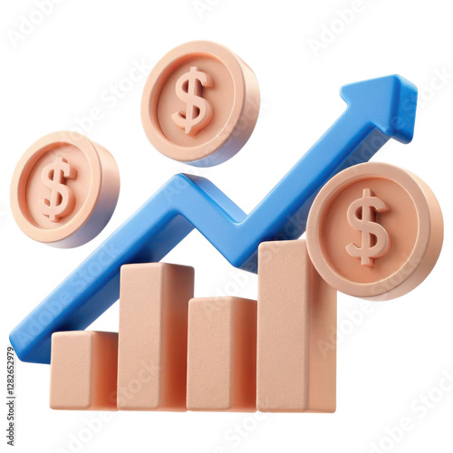 3D illustration of financial growth chart with dollar symbols and upward arrow, representing investment success