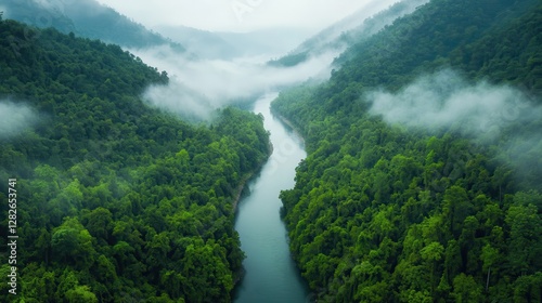 Aerial View Of Lush Green Rainforest With Misty River photo