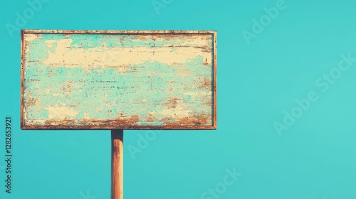A weathered sign on a rusted pole against a bright blue background, conveying a vintage aesthetic and inviting curiosity.