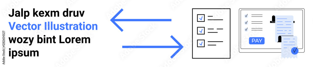 Checklist with ticked items connected by arrows toward an online payment screen showcasing a receipt. Ideal for digital transactions, workflow, online checklist, project planning, task management Checklist with ticked items connected by arrows toward an online payment screen showcasing a receipt. Ideal for digital transactions, workflow, online checklist, project planning, task management