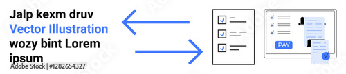 Checklist with ticked items connected by arrows toward an online payment screen showcasing a receipt. Ideal for digital transactions, workflow, online checklist, project planning, task management