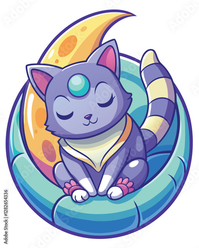 Create a whimsical illustration of a three-eyed, extraterrestrial feline curled up asleep, exhibiting adorable sleepiness.