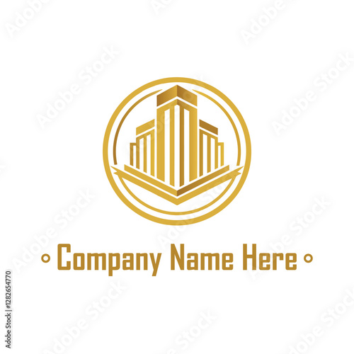 Gold real estate logo with a highrise and house outline