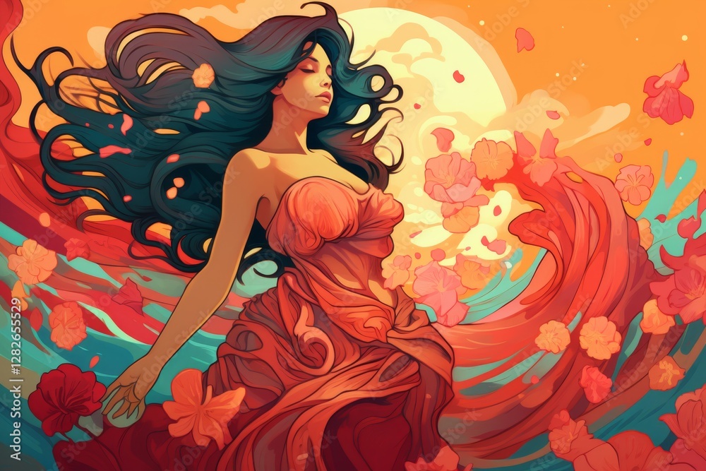 Vibrant and flowing fantasy woman amidst floral shower Vibrant and flowing fantasy woman amidst floral shower