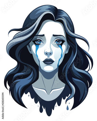 A sorrowful pale-skinned woman with flowing black hair, melancholic expression, dramatic lighting, intricate details,  flowing gown.