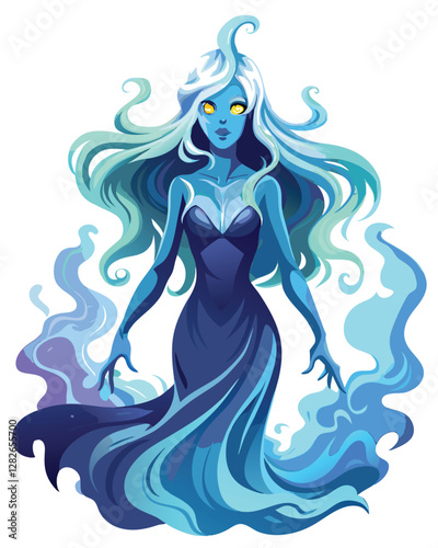 A translucent spectral woman with glowing emerald eyes, her body dissolving into ethereal particles; dark, mystical background.