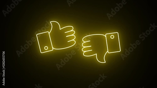 Glowing yellow neon social media like dislike button symbol. Animated neon thumb up and down sign icon animation