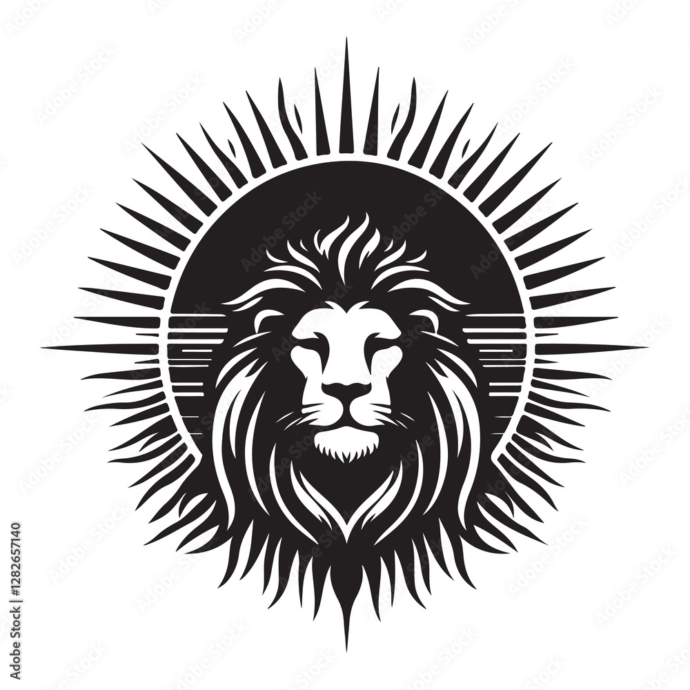 Obraz premium Sun rising behind a lion Silhouette Vector Illustration, Solid White Background.