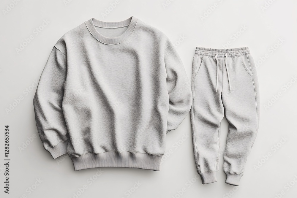 Fototapeta premium A grey colored sweatshirt and matching sweatpants set is shown