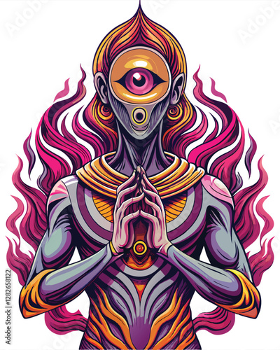 Generate a surrealist painting of a human-like figure with a luminous all-seeing eye embedded in their forehead, radiating ethereal light.