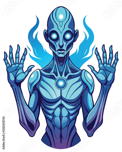 Generate a surreal image of a humanoid figure, its hands sprouting from its body like organic growths, in a dreamlike landscape.