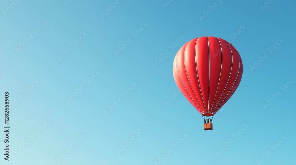 Fototapeta premium A vibrant red hot air balloon floats against a clear blue sky, offering a picturesque view of aerial adventure and tranquility.