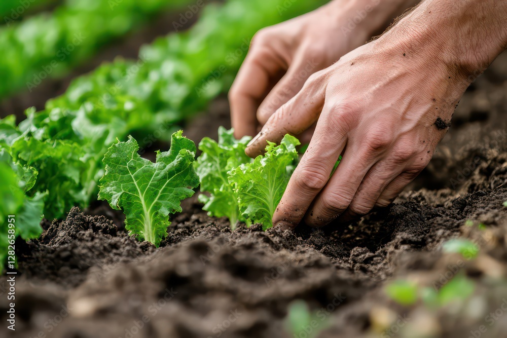 A close-up of a farmer’s hands carefully planting a lettuce seedling into rich soil, with green rows of crops in the background. A close-up of a farmer’s hands carefully planting a lettuce seedling into rich soil, with green rows of crops in the background.