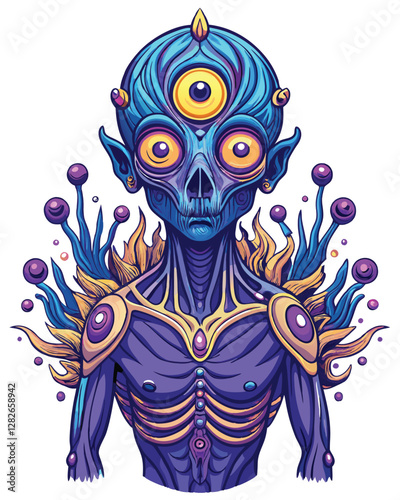 A surreal humanoid figure, pale skin, with multiple extra eyes organically growing on its body, unsettling yet strangely beautiful.  Render in high detail.