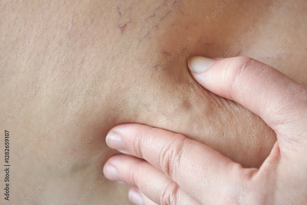 Close up of fingers pinching saggy skin on caucasian female mature hand exploring texture. Close up of fingers pinching saggy skin on caucasian female mature hand exploring texture.