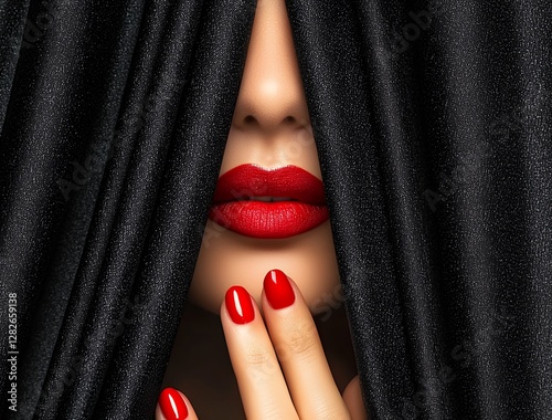 Mysterious Woman With Red Lips Partially Hidden Behind Black Glittering Fabric