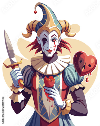 A surreal jester with a cracked porcelain face, melancholic eyes, and a tattered jester's costume, set against a dark, moody background.