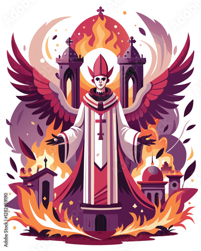 A surreal depiction of a saint, haloed, with vibrant, burning wings, serenely floating above a desolate landscape.