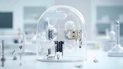 A highly detailed and magnified closeup view of a cochlear implant device