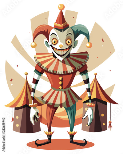 A terrifying harlequin, grotesquely smiling, with exaggerated features and vibrant, unsettling colors.  The oversized grin reveals sharp teeth.