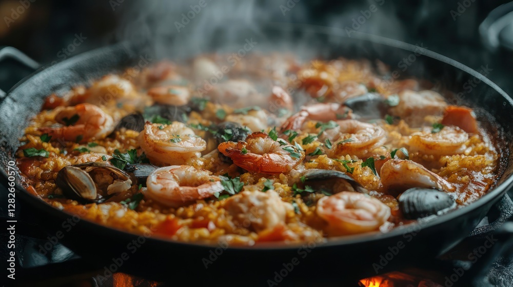 close-up of a pan with seafood paella close-up of a pan with seafood paella