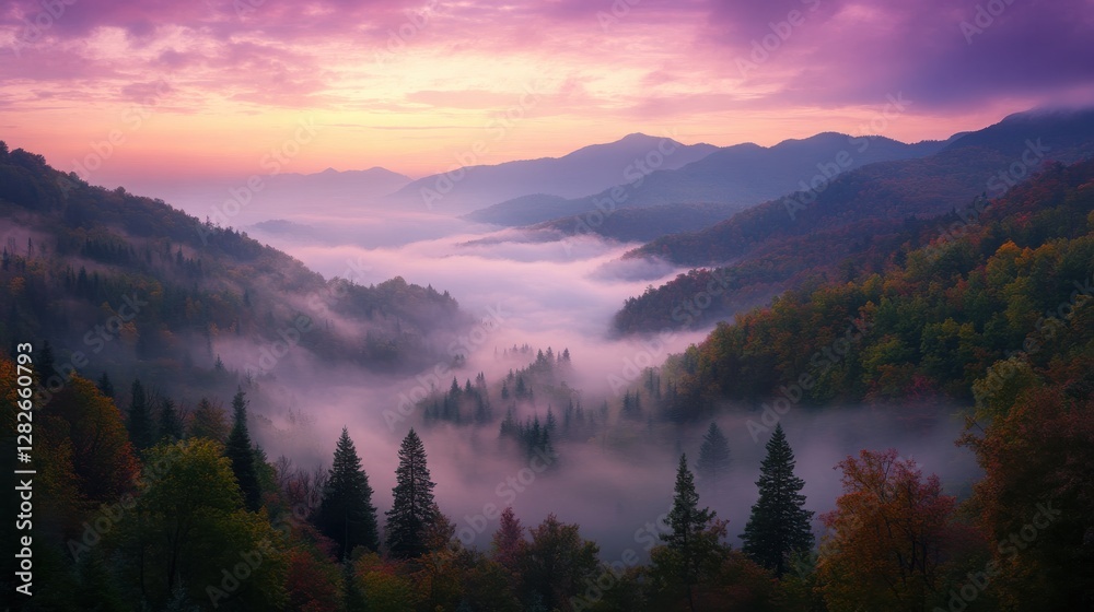 Misty Valley Sunrise Purple and Orange Sky Over Autumnal Foliage Misty Valley Sunrise Purple and Orange Sky Over Autumnal Foliage