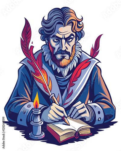 A portrait of a gaunt, emotionally distraught poet, ink-stained hands gripping a quill pen, eyes filled with despair, surrounded by scattered papers.