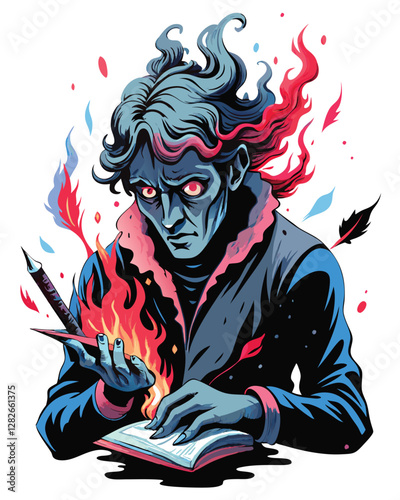 A gaunt, melancholic poet with ink-stained hands frantically scribbles a poem, illuminated by a single candle, reflecting his tormented soul.