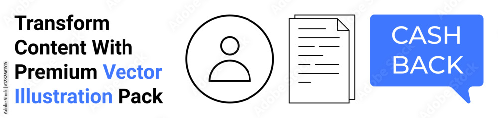 User icon, document, cash back speech bubble promoting premium vector content and incentives. Ideal for digital marketing, promotions, creative assets, financial deals, user outreach, incentives User icon, document, cash back speech bubble promoting premium vector content and incentives. Ideal for digital marketing, promotions, creative assets, financial deals, user outreach, incentives