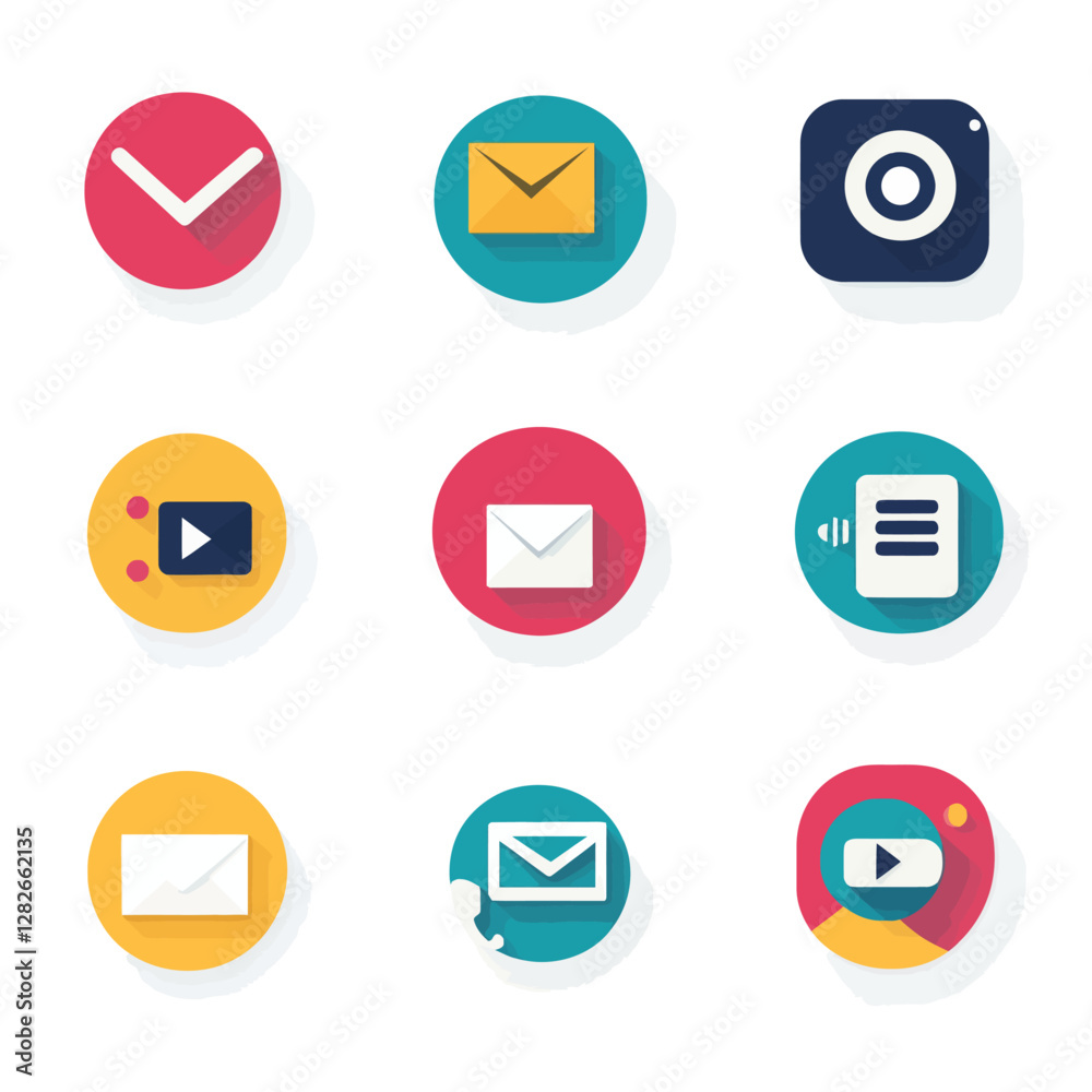 Flat Design Icon Set: Email, Video, Camera, Download, and Communication Flat Design Icon Set: Email, Video, Camera, Download, and Communication