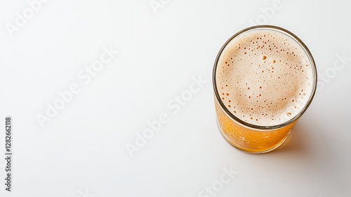 Overhead View Of Light Amber Beer In Glass On White Background