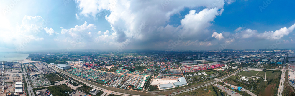 Naklejka premium Aerial view of business logistic import-export transport sea freight transportation. Network logistics partnership connection busiest container ports. Container ships loading and unloading background.
