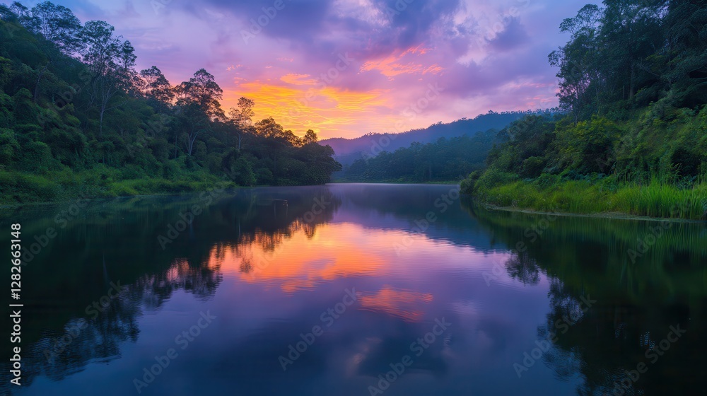 Serene Sunset Reflection in a Tropical Lake Serene Sunset Reflection in a Tropical Lake